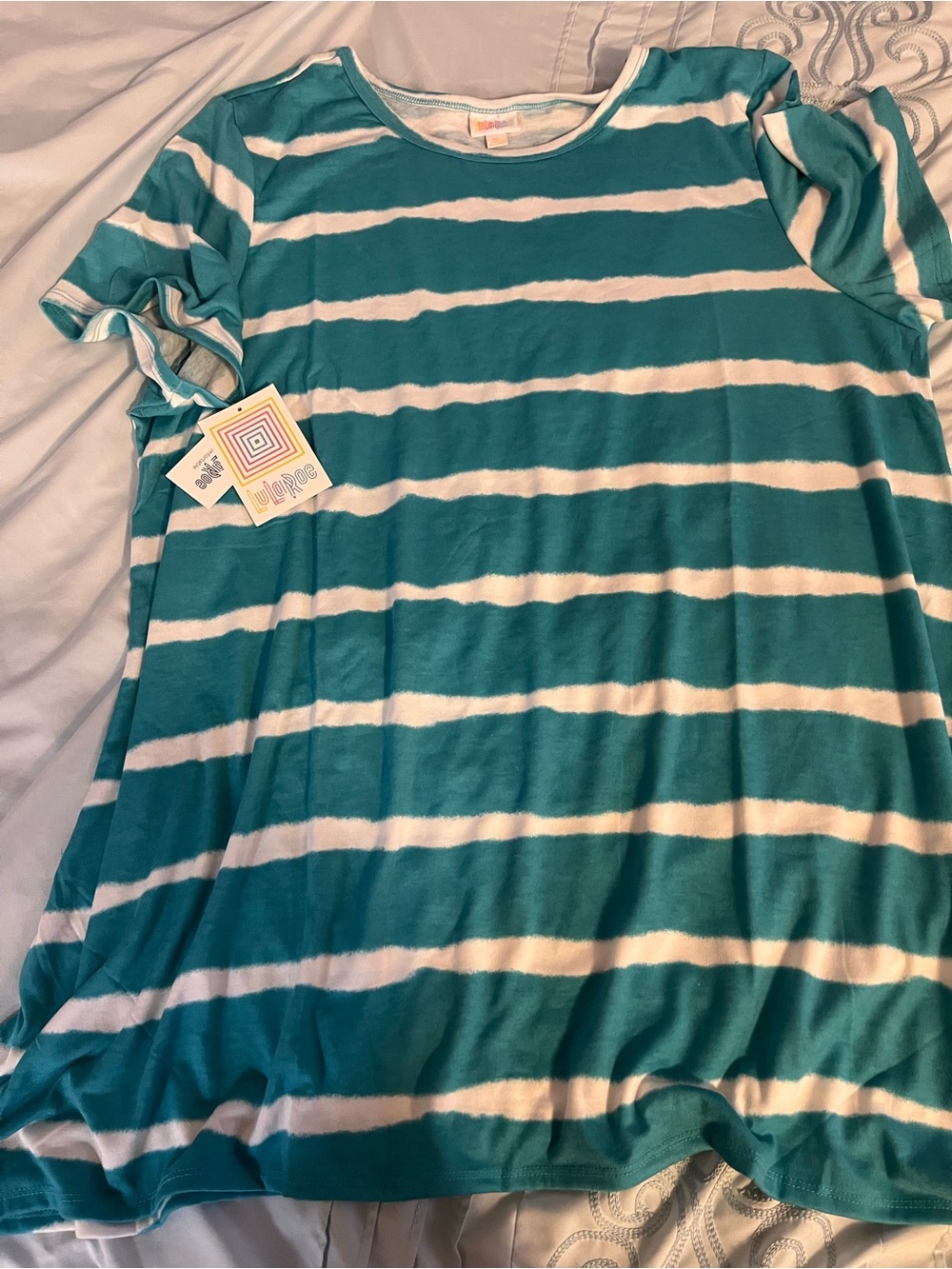LuLaRoe Teal and White Striped Women’s Short Sleeve Top
